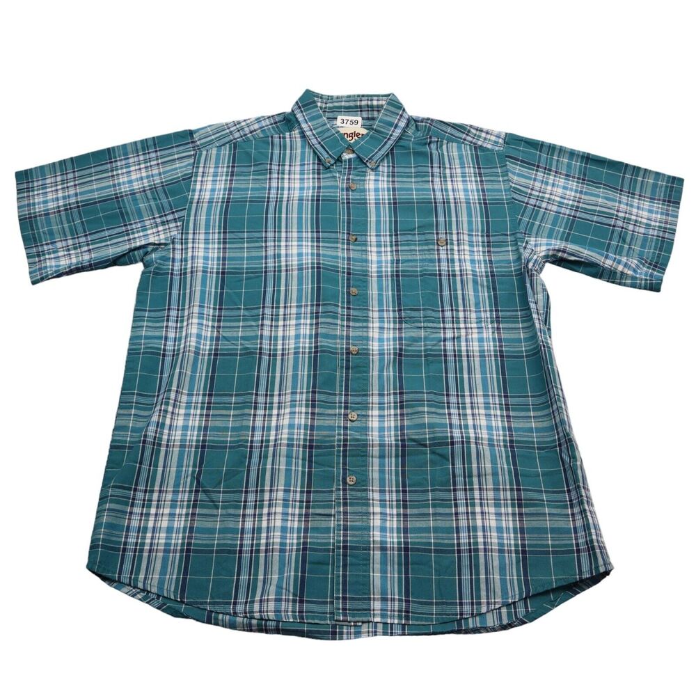 Wrangler Shirt Mens L Blue Rugged Wear Cowboy Western Workwear Camp Button Up
